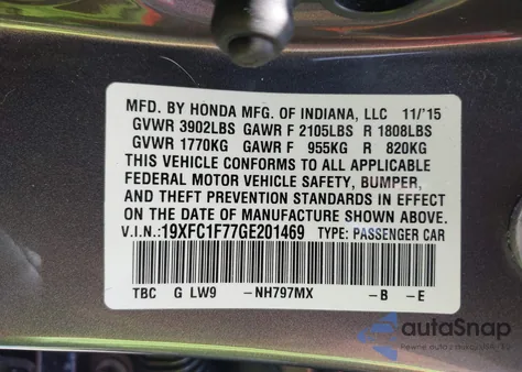 2016 Honda Civic Ex-L z USA, uszkodzony, nr VIN 19XFC1F77GE201469